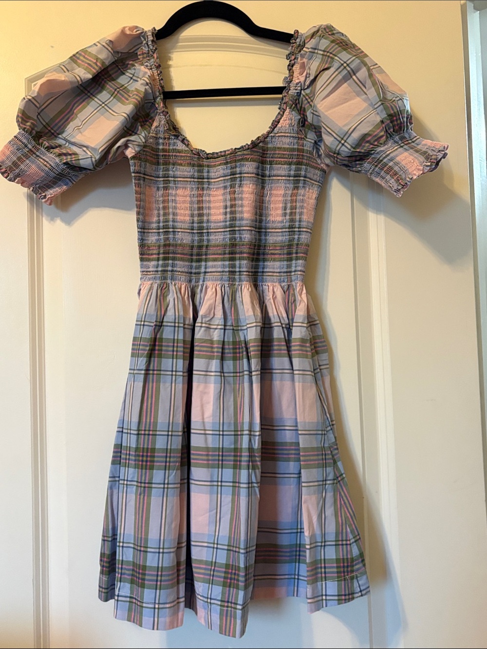 Hill House Plaid Puff-Sleeve Dress in Pink and blue